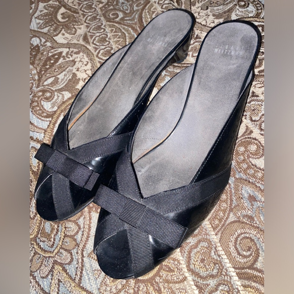 Stuart Weitzman Black Peep-Toe Mules
